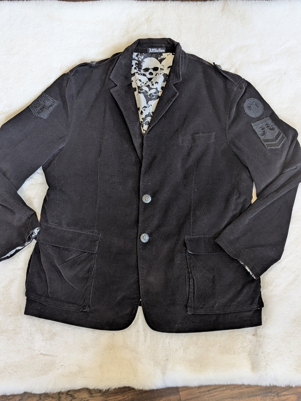 Affliction Black Military-Style Premium Blazer Corduroy Jacket Black Skulls XL